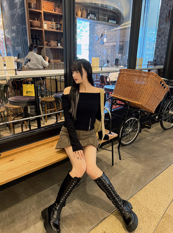 ジップデザインオフショルダーニットトップス