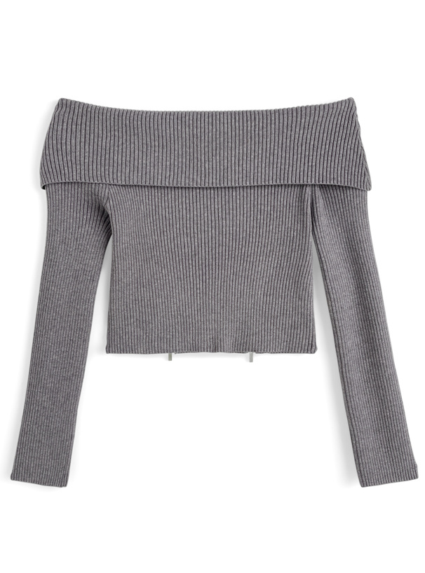 ジップデザインオフショルダーニットトップス