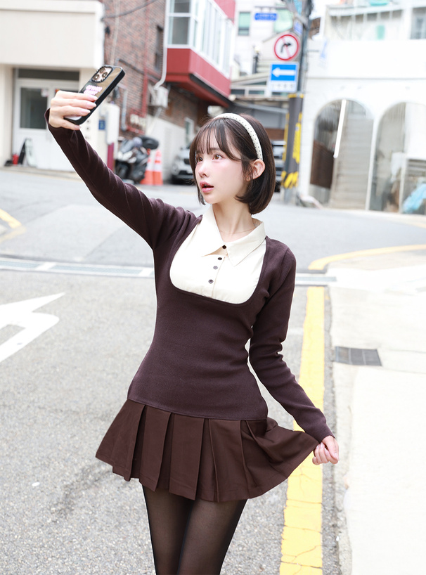 シャツドッキングフレアニットミニワンピース