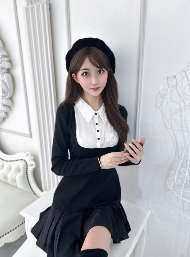 シャツドッキングフレアニットミニワンピース