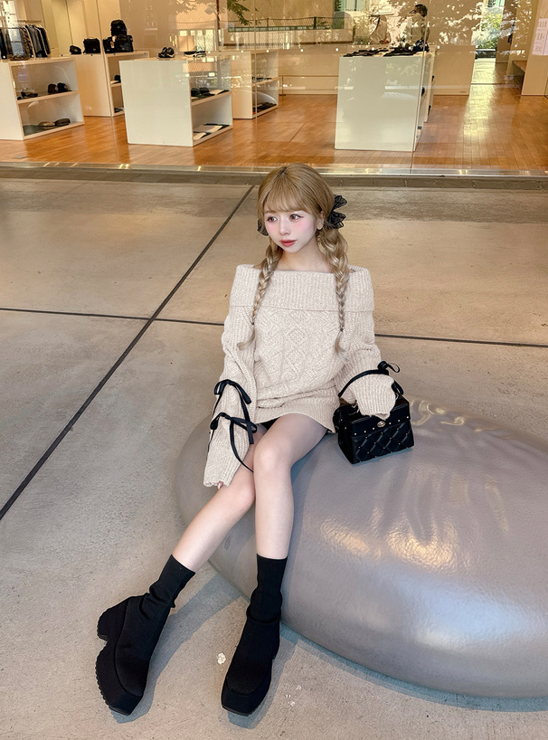 オフショルダーリボンケーブル編みニットトップス[dr813] | レディース