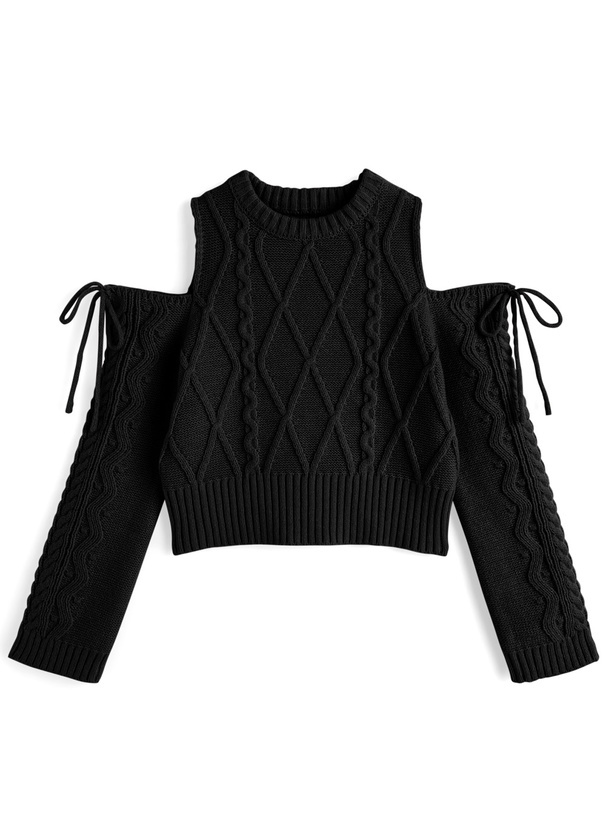 ショルダーオープンケーブル編みニットトップス[dr819]