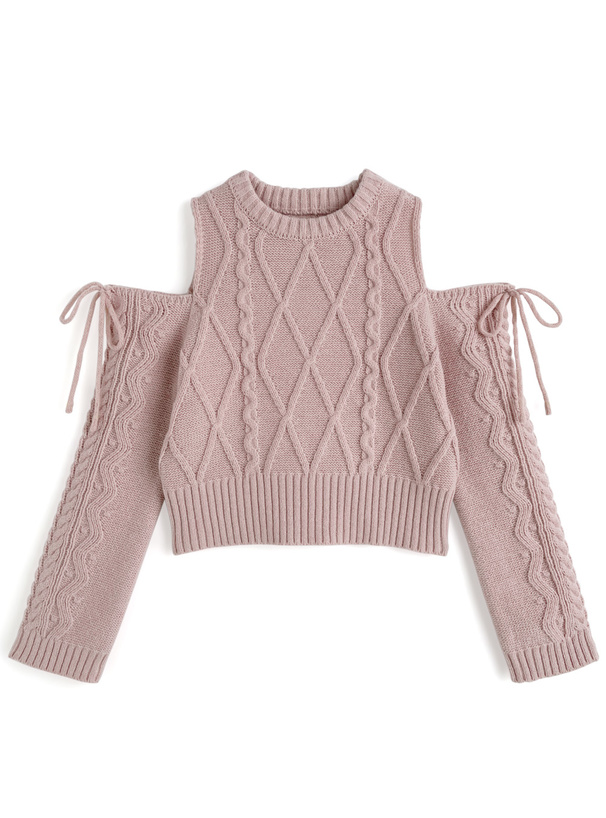 ショルダーオープンケーブル編みニットトップス