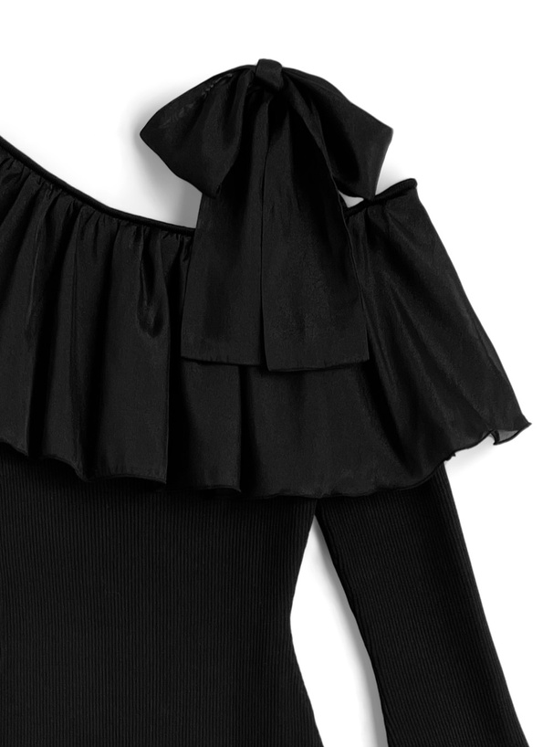 ワンショルダーフリルリボンロングワンピース