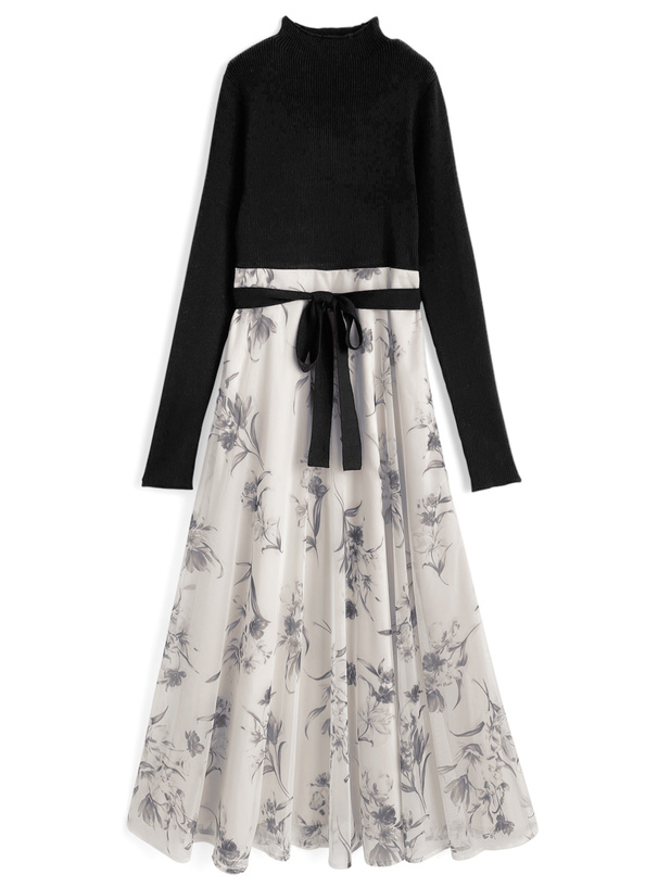 エムズグレイシー　透かし花柄フラワーワンピース　総柄　花柄　リボンベルト　40 エムズグレイシー 透かし花柄フラワーワンピース 総柄 花柄