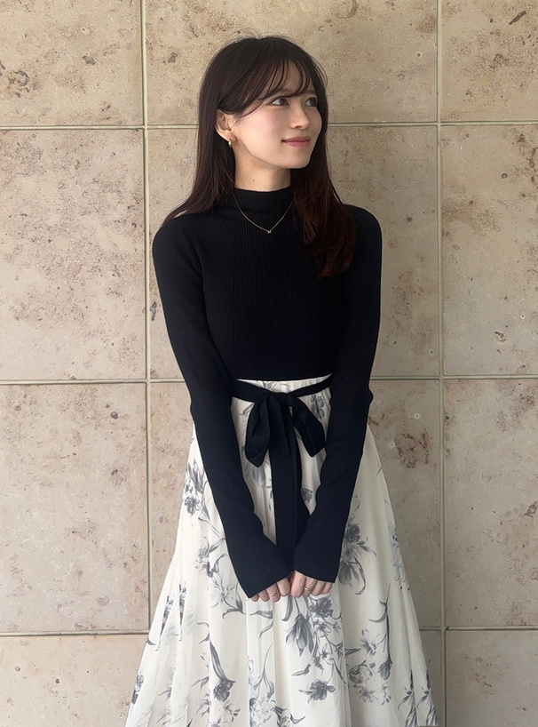 リボンベルト付きニットドッキング花柄ワンピース[dr821