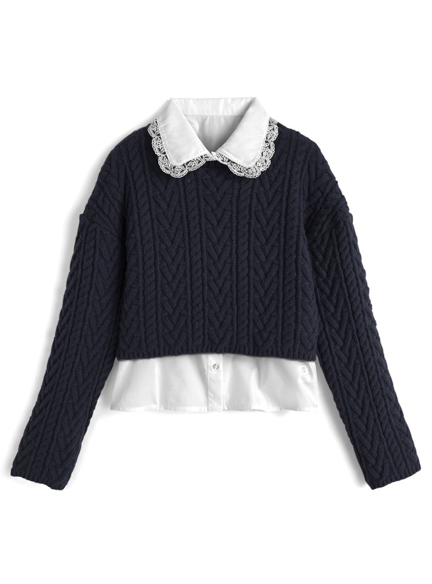 レース襟ブラウス×ケーブル編みリボンニットトップスアンサンブル