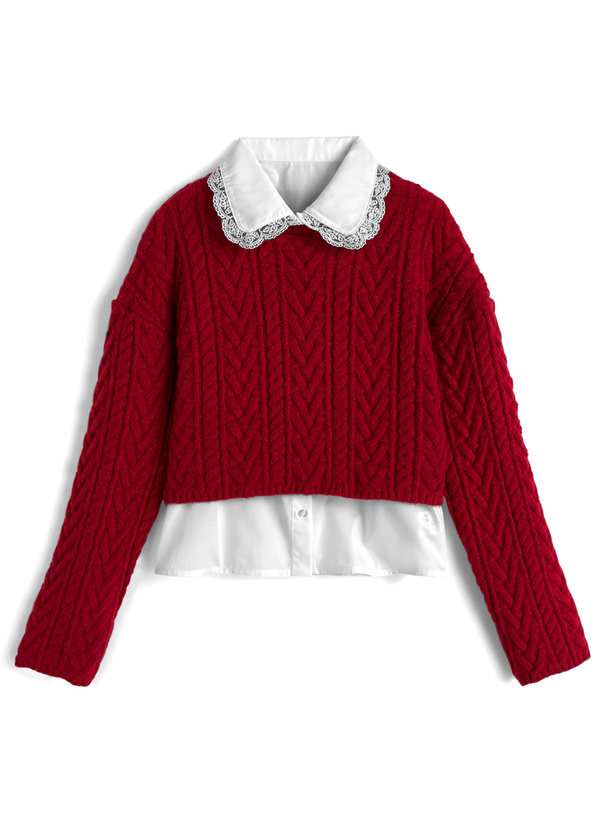レース襟ブラウス×ケーブル編みリボンニットトップスアンサンブル