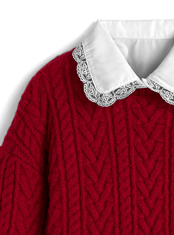 レース襟ブラウス×ケーブル編みリボンニットトップスアンサンブル