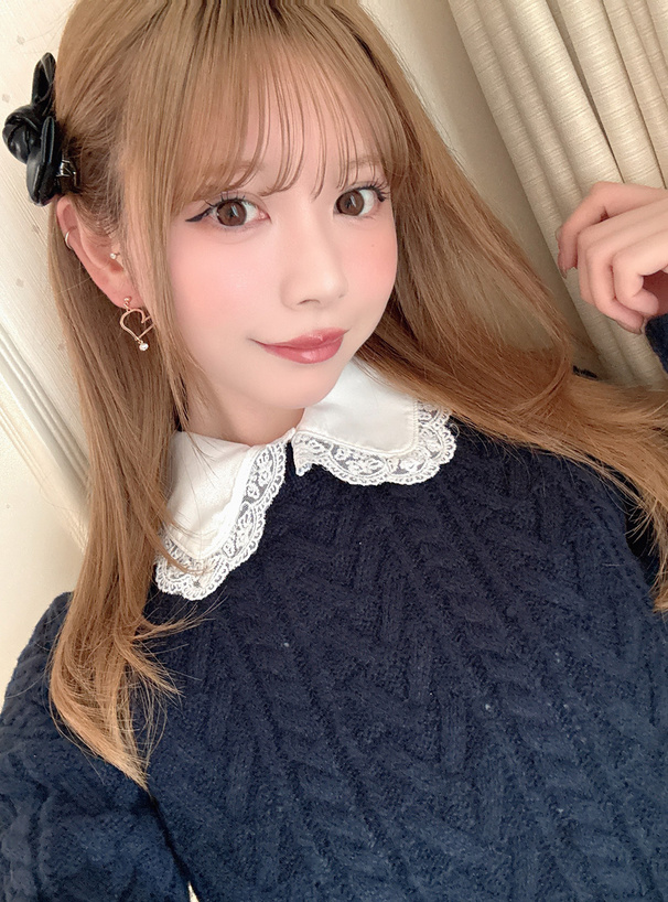 レース襟ブラウス×ケーブル編みリボンニットトップスアンサンブル