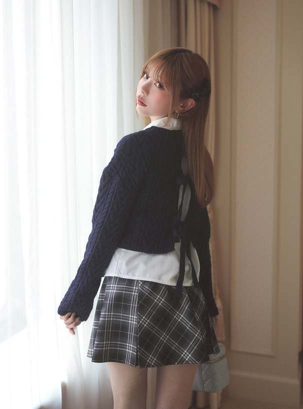 レース襟ブラウス×ケーブル編みリボンニットトップスアンサンブル