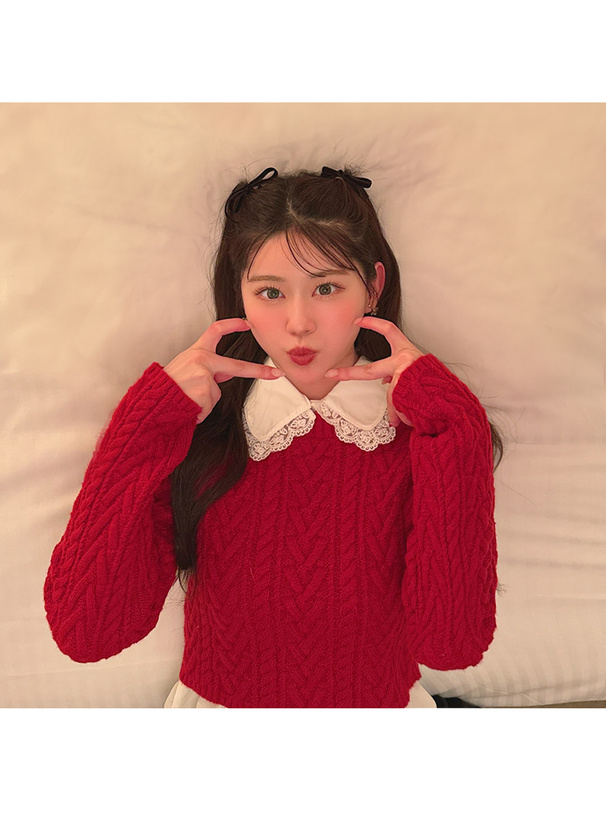レース襟ブラウス×ケーブル編みリボンニットトップスアンサンブル