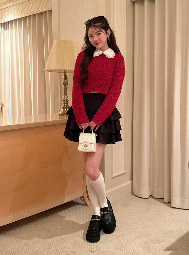 レース襟ブラウス×ケーブル編みリボンニットトップスアンサンブル