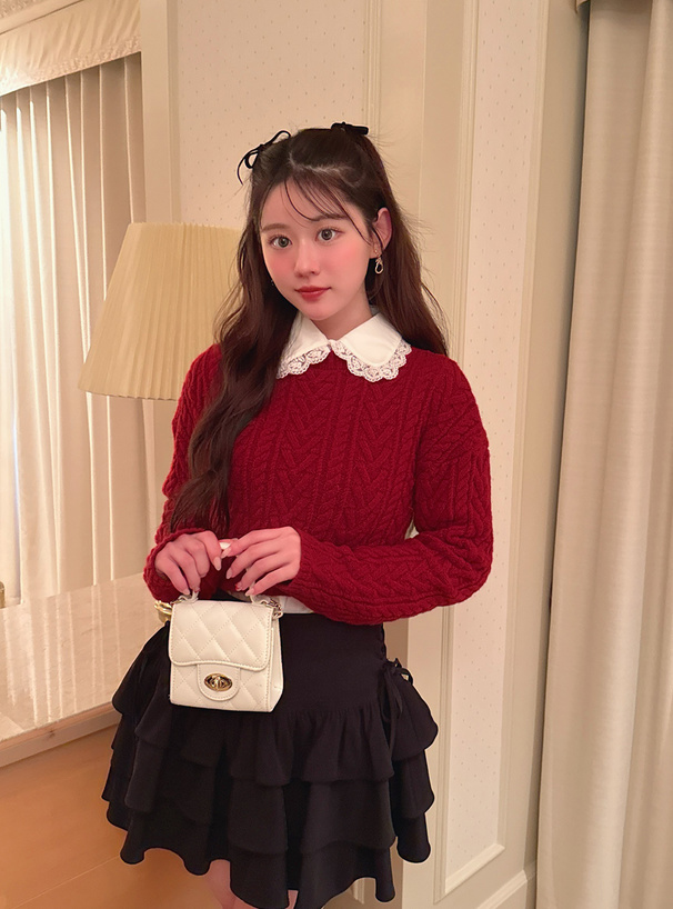 レース襟ブラウス×ケーブル編みリボンニットトップスアンサンブル