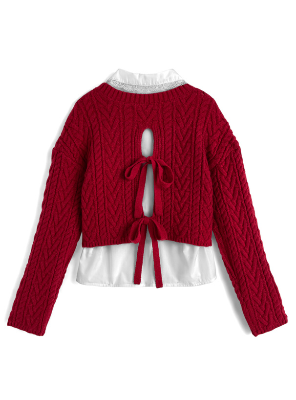 レース襟ブラウス×ケーブル編みリボンニットトップスアンサンブル