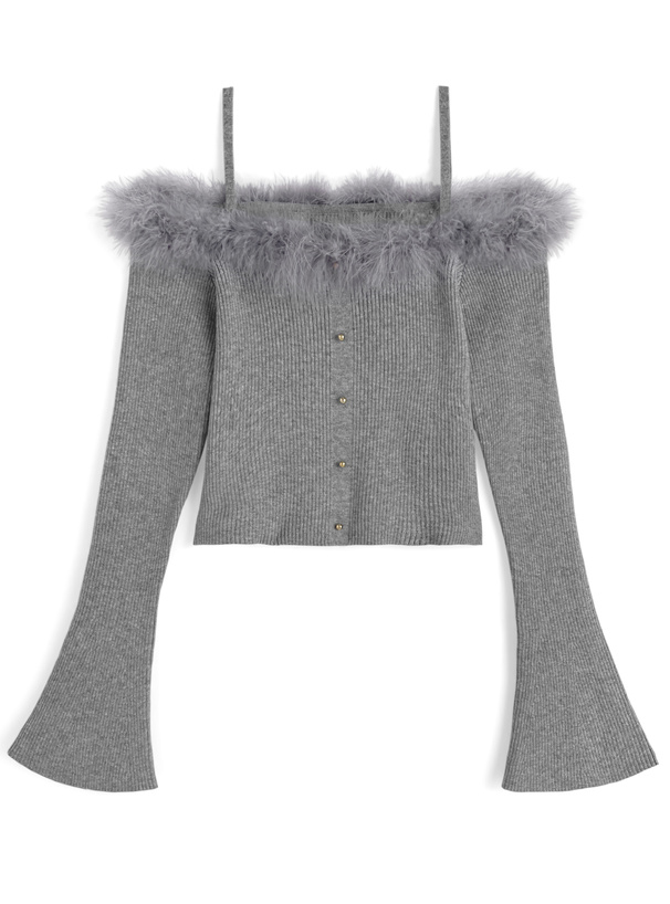 フェザーファーオフショルダーリブニットトップス