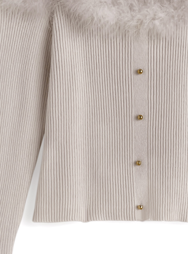 フェザーファーオフショルダーリブニットトップス