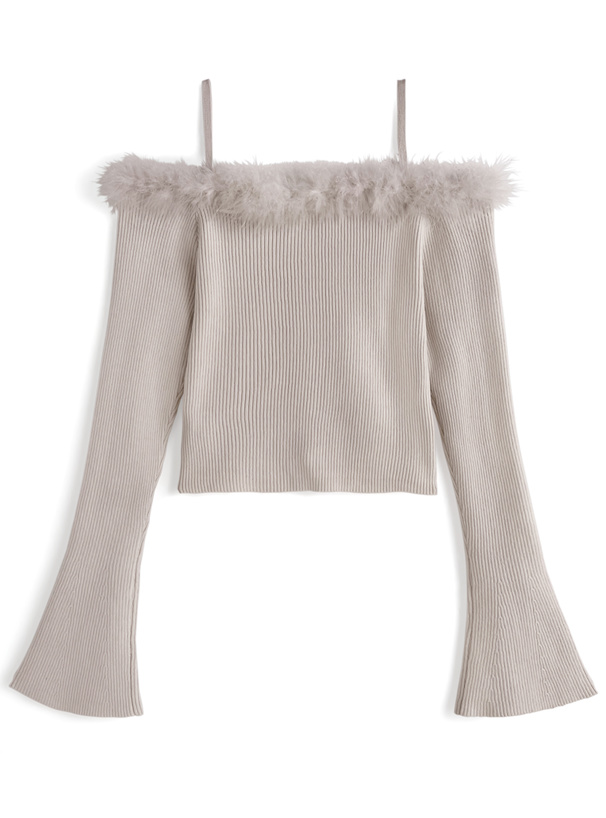 フェザーファーオフショルダーリブニットトップス
