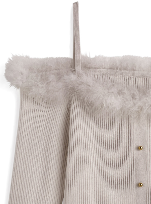 フェザーファーオフショルダーリブニットトップス