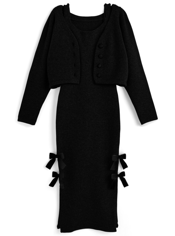 ニットカーディガン×ベロアリボンスリットワンピースセットアップ[dr826]
