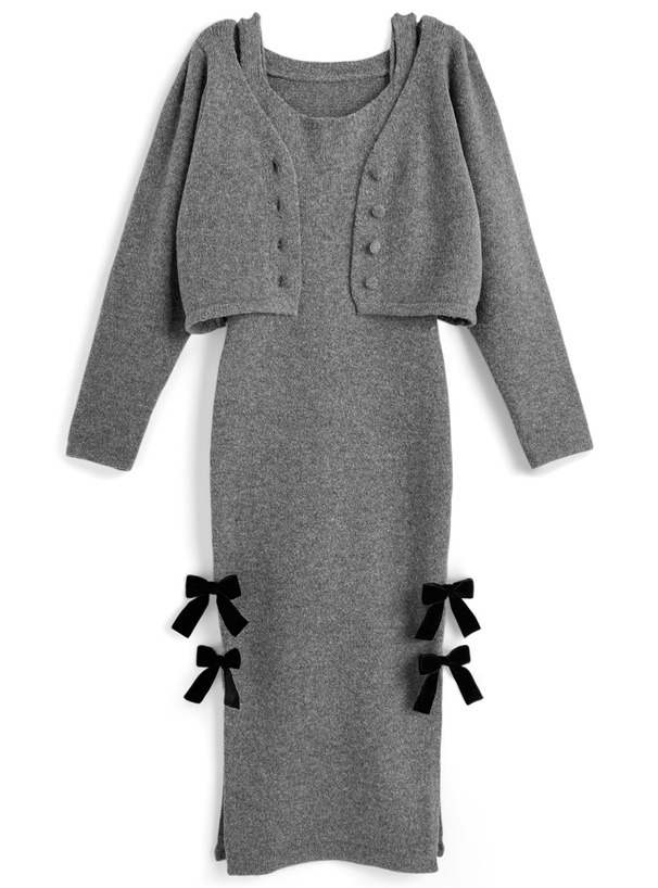 ニットカーディガン×ベロアリボンスリットワンピースセットアップ