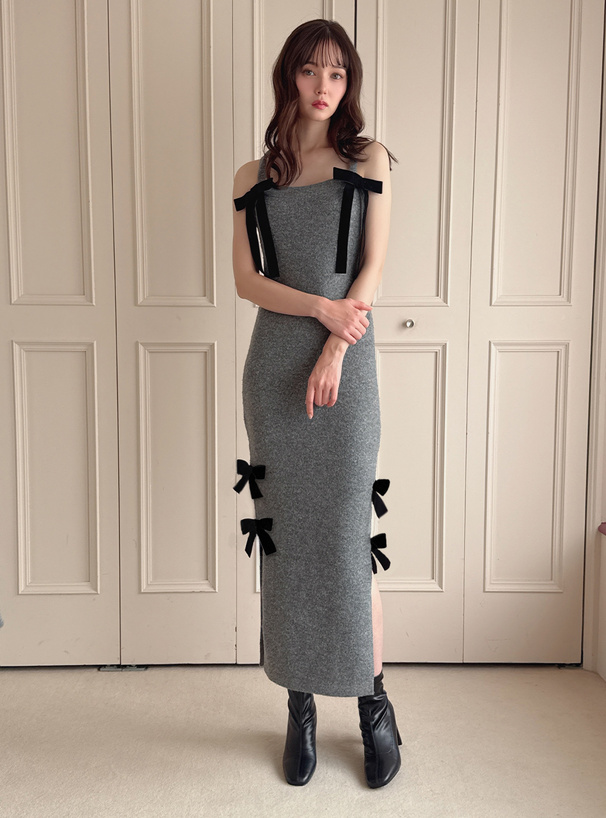 ニットカーディガン×ベロアリボンスリットワンピースセットアップ