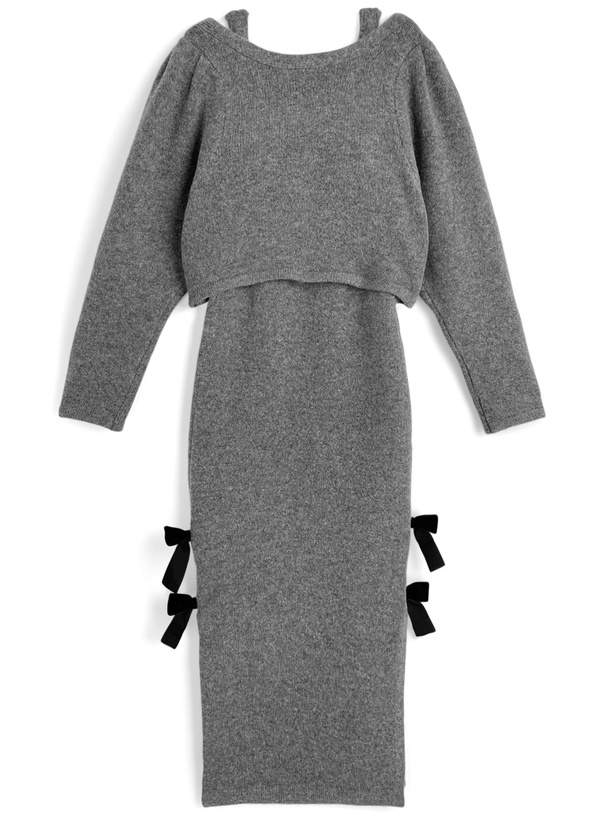 ニットカーディガン×ベロアリボンスリットワンピースセットアップ