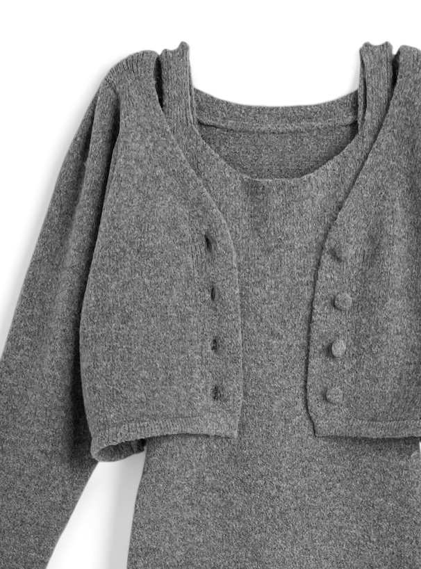 ニットカーディガン×ベロアリボンスリットワンピースセットアップ