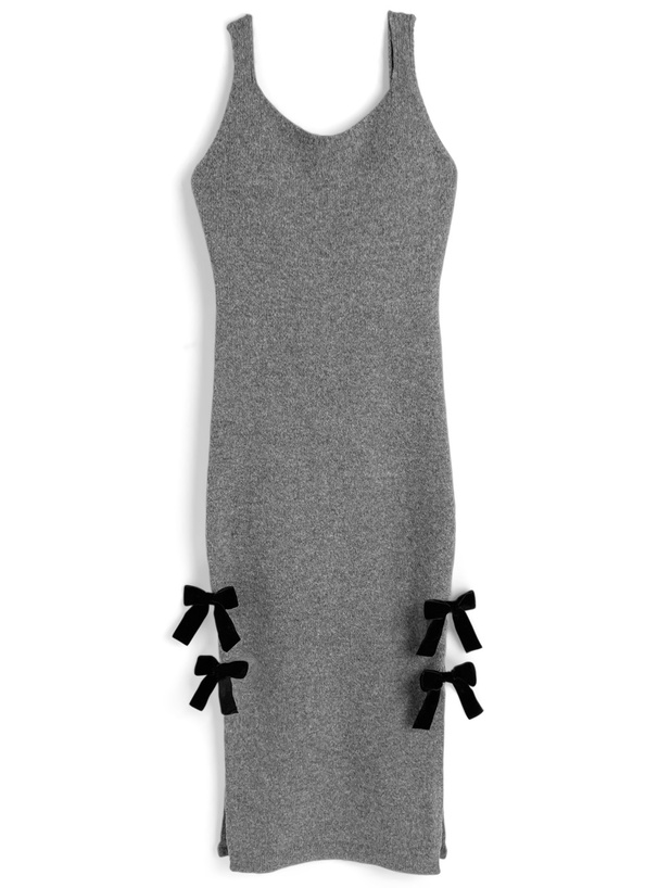 ニットカーディガン×ベロアリボンスリットワンピースセットアップ