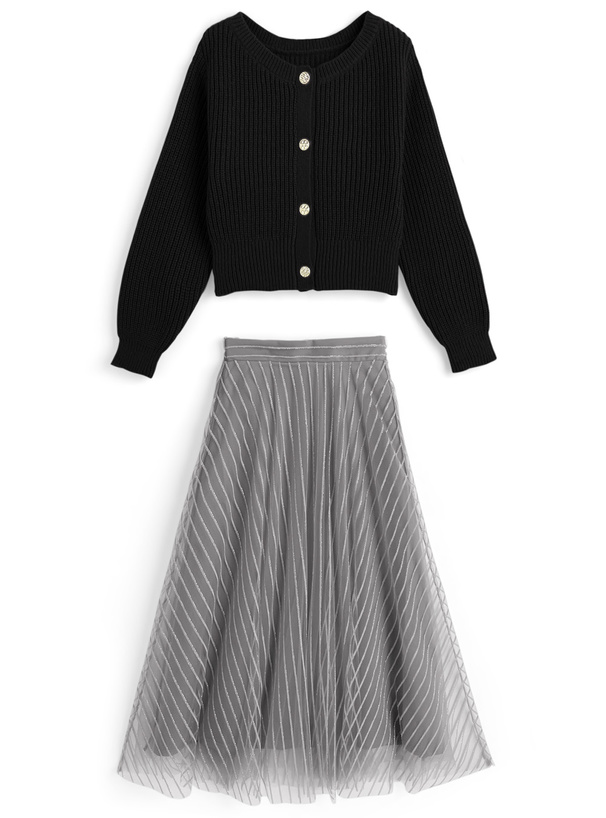 ニットカーディガン×ストライプラメチュールスカートセットアップ