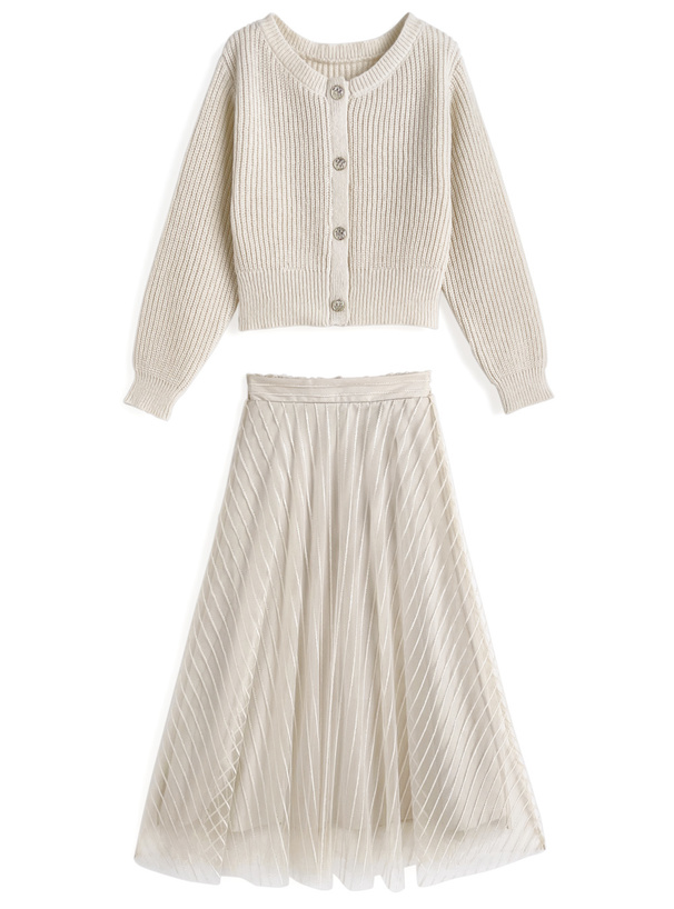 ニットカーディガン×ストライプラメチュールスカートセットアップ