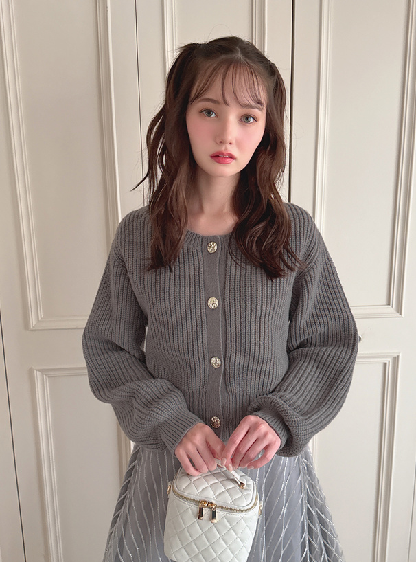 ニットカーディガン×ストライプラメチュールスカートセットアップ