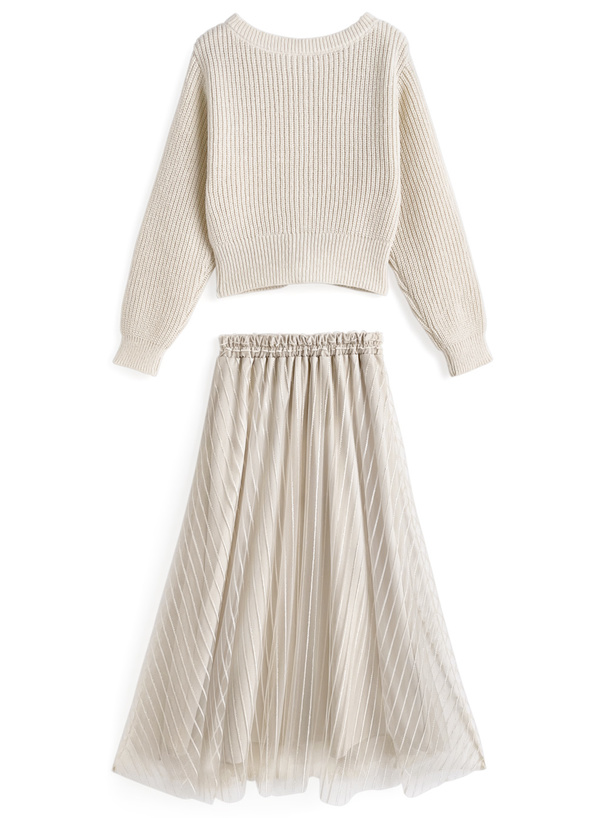 ニットカーディガン×ストライプラメチュールスカートセットアップ