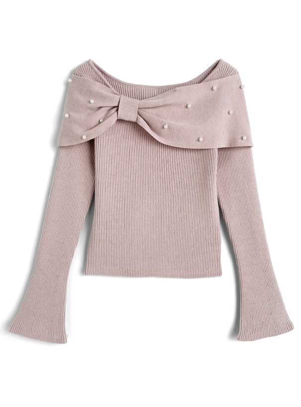 リボンパールニットトップス