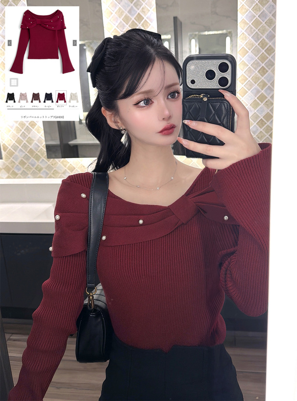 リボンパールニットトップス