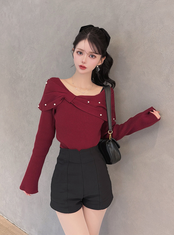 リボンパールニットトップス