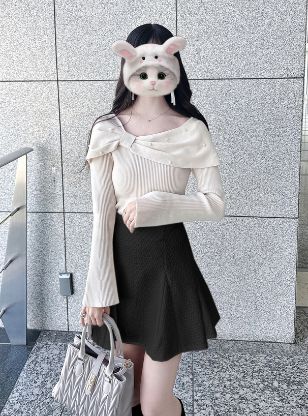 リボンパールニットトップス