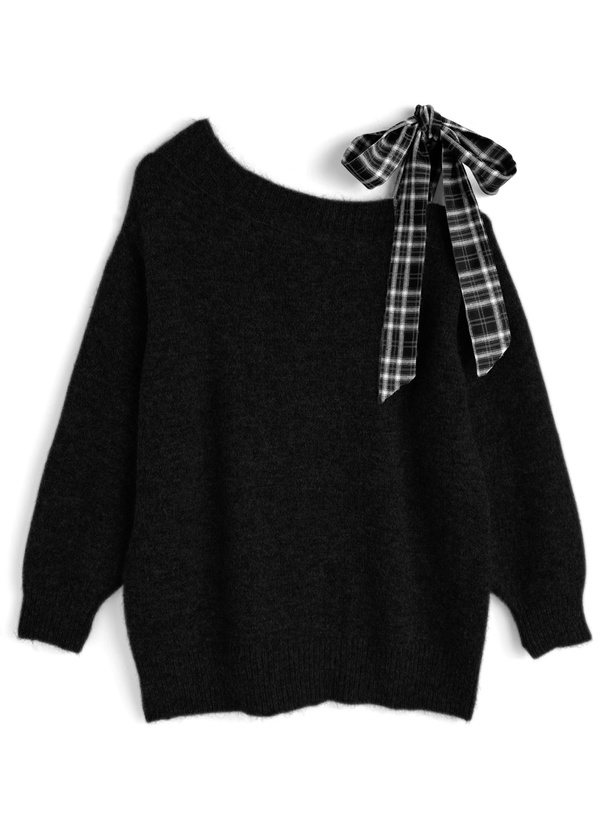 チェックリボンワンショルダーニットミニワンピース[dr831]