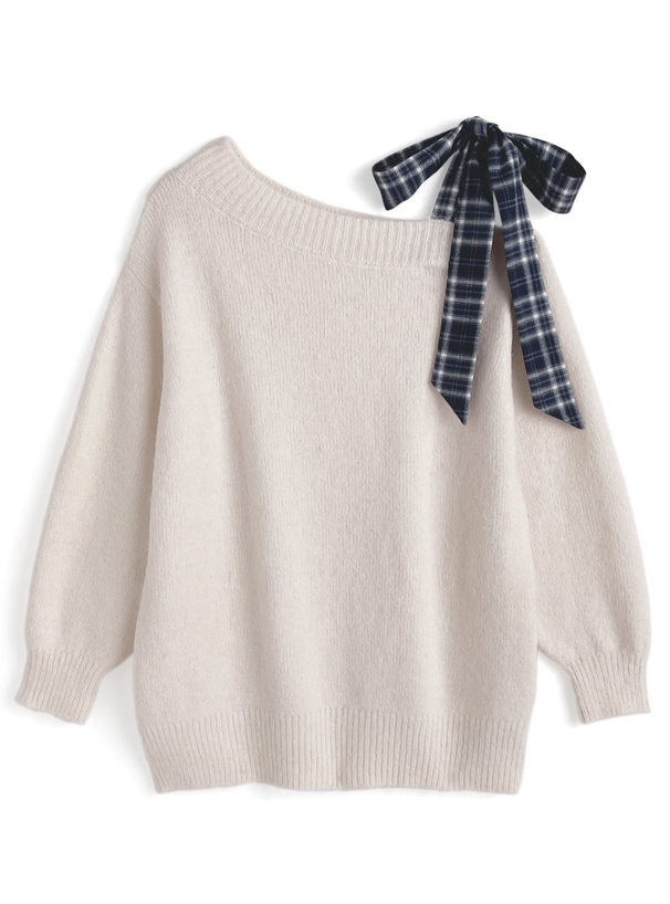 チェックリボンワンショルダーニットミニワンピース