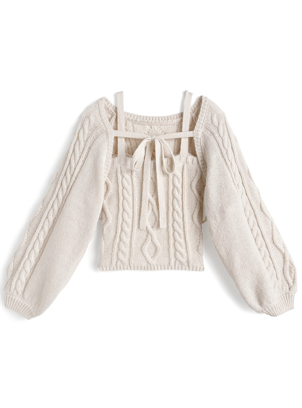 リボンボレロ×キャミソールケーブル編みニットアンサンブル