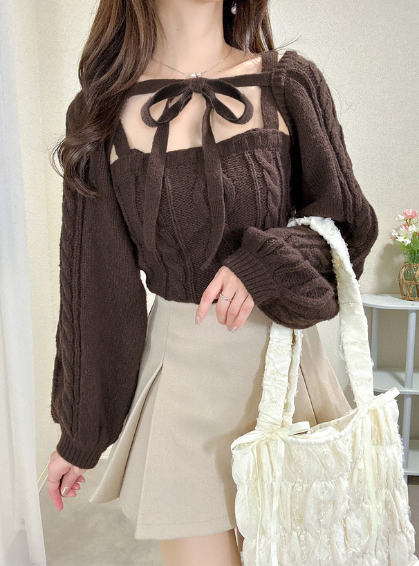 リボンボレロ×キャミソールケーブル編みニットアンサンブル[dr834