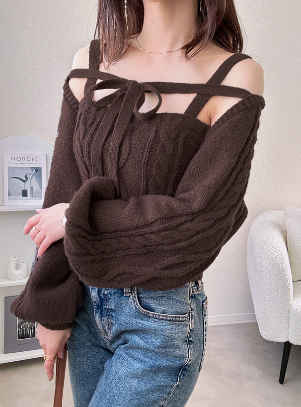 リボンボレロ×キャミソールケーブル編みニットアンサンブル[dr834