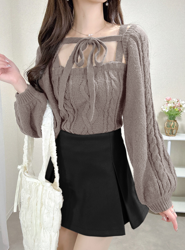 リボンボレロ×キャミソールケーブル編みニットアンサンブル