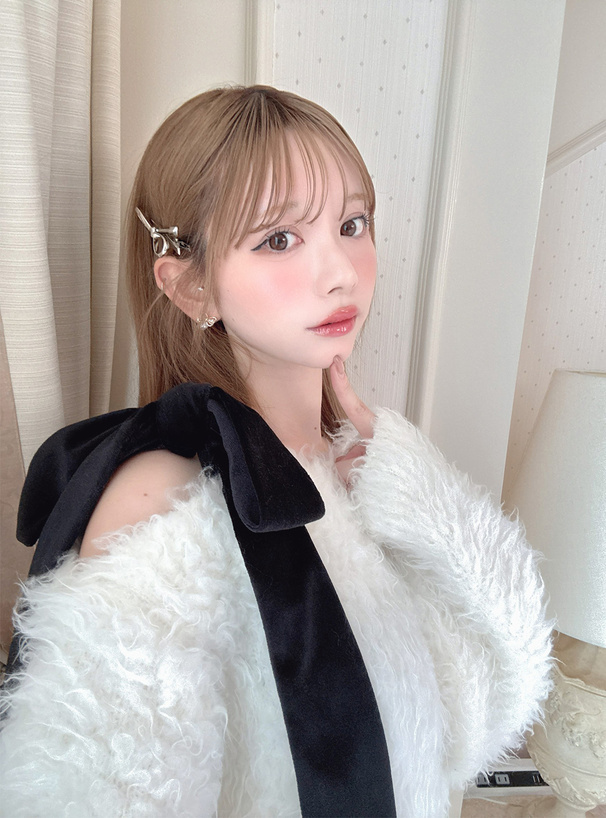 ワンショルダーベロアリボンニットミニワンピース