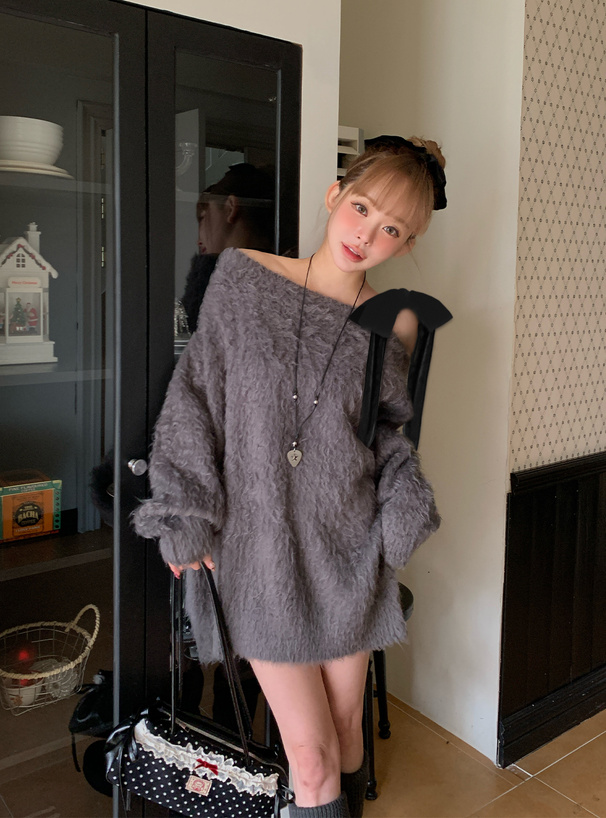 ワンショルダーベロアリボンニットミニワンピース