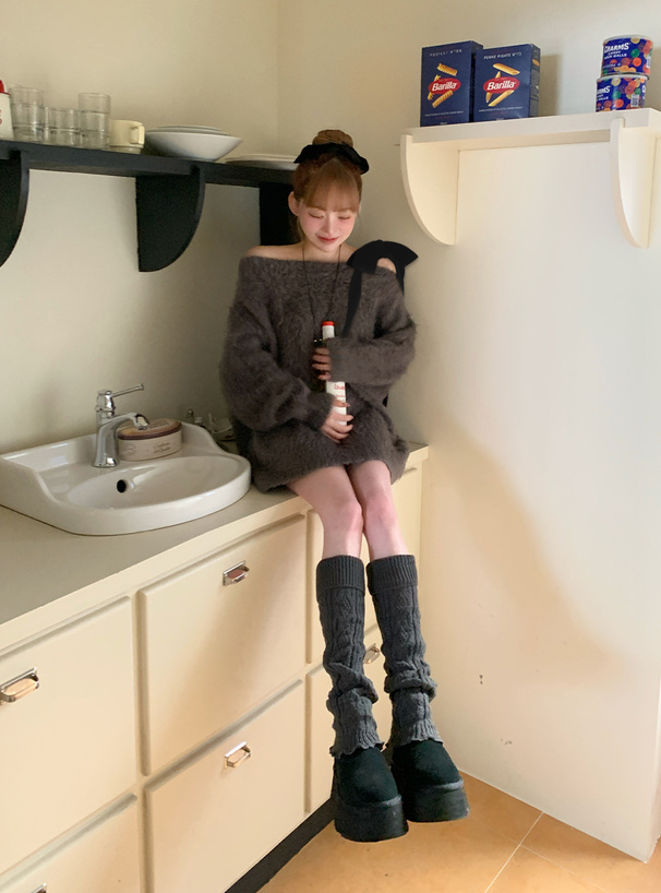 ワンショルダーベロアリボンニットミニワンピース