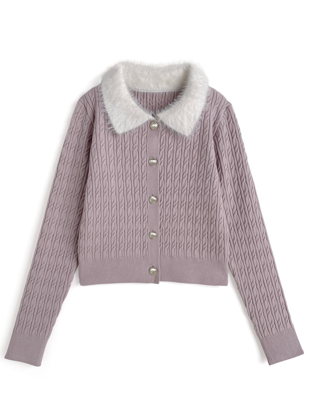 シャギーカラーケーブル編みニットカーディガン