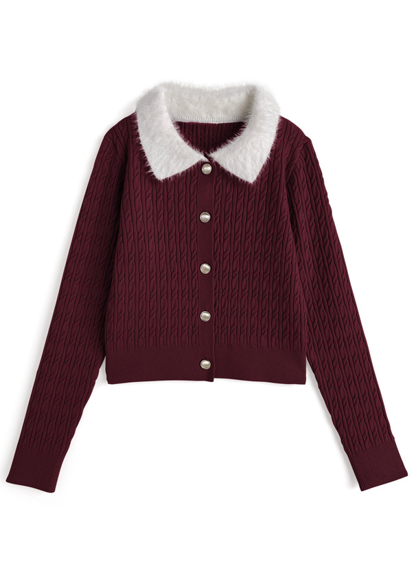 シャギーカラーケーブル編みニットカーディガン