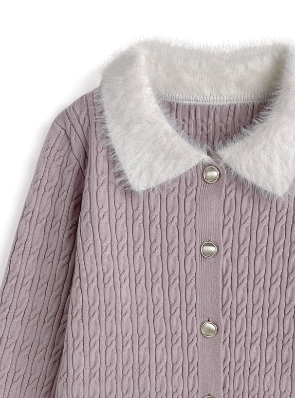 シャギーカラーケーブル編みニットカーディガン