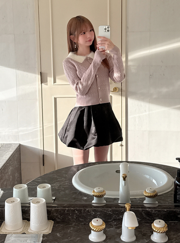 シャギーカラーケーブル編みニットカーディガン